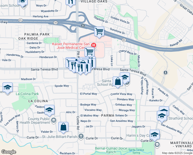 map of restaurants, bars, coffee shops, grocery stores, and more near 6137 Del Canto Drive in San Jose