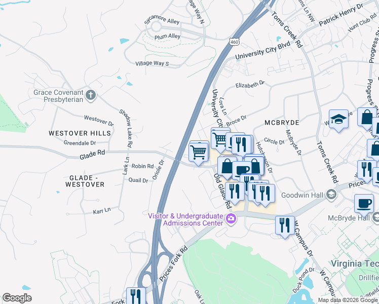 map of restaurants, bars, coffee shops, grocery stores, and more near 862 Newport Terrace in Blacksburg