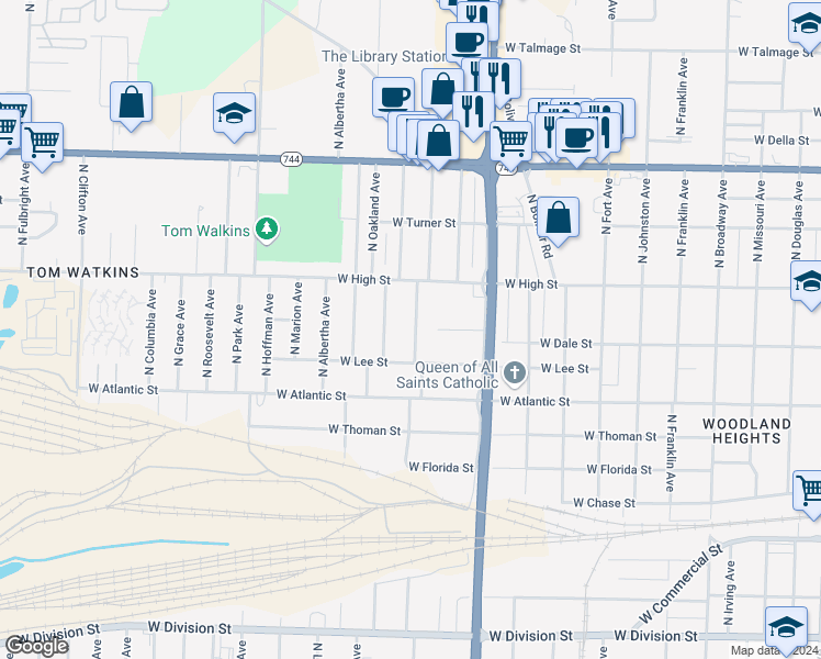 map of restaurants, bars, coffee shops, grocery stores, and more near 2106 North Oakland Avenue in Springfield
