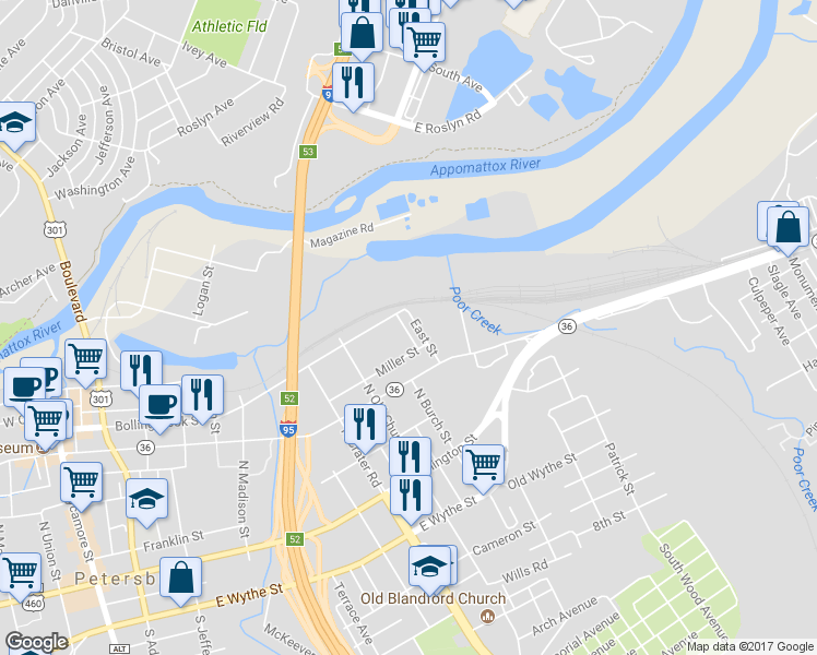 map of restaurants, bars, coffee shops, grocery stores, and more near 319 Irving Street in Petersburg