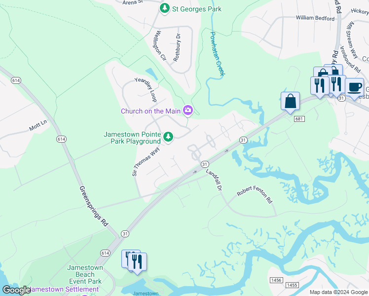 map of restaurants, bars, coffee shops, grocery stores, and more near 403 London Company Way in Williamsburg