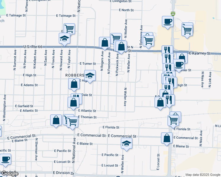map of restaurants, bars, coffee shops, grocery stores, and more near 2132 North Fremont Avenue in Springfield