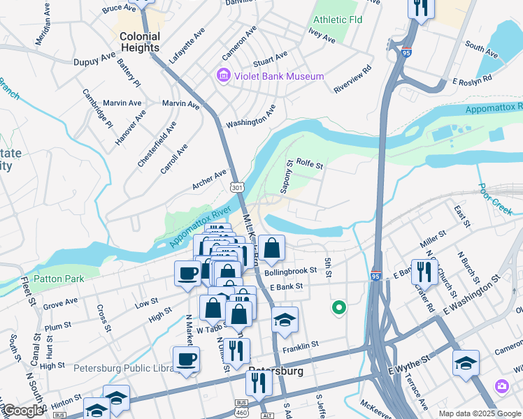 map of restaurants, bars, coffee shops, grocery stores, and more near 600 Bridge Street in Petersburg