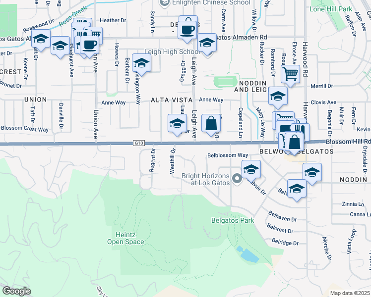map of restaurants, bars, coffee shops, grocery stores, and more near 14550 Blossom Hill Road in Los Gatos