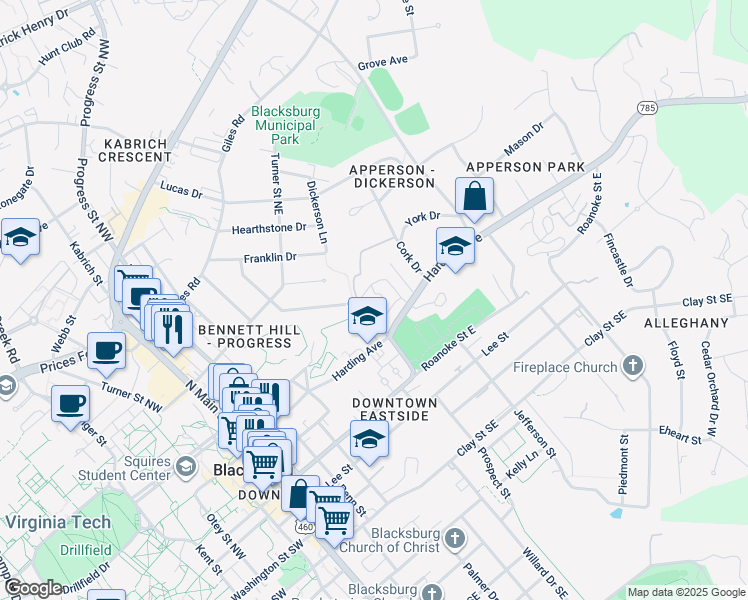 map of restaurants, bars, coffee shops, grocery stores, and more near 319 Apartment Heights Drive in Blacksburg