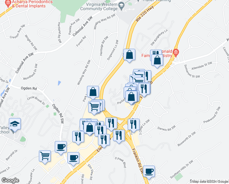 map of restaurants, bars, coffee shops, grocery stores, and more near 3787 Parliament Road Southwest in Roanoke