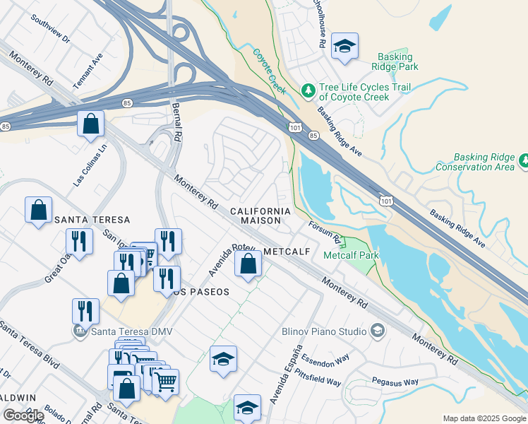 map of restaurants, bars, coffee shops, grocery stores, and more near 6961 Rodling Drive in San Jose
