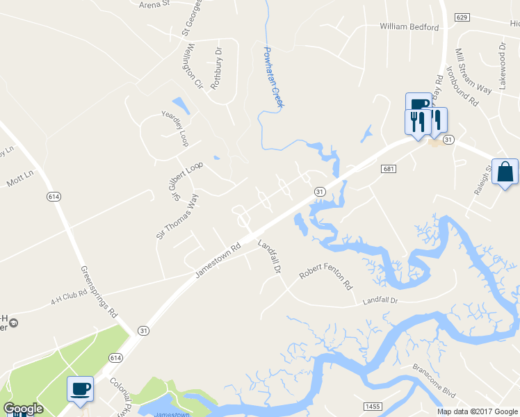 map of restaurants, bars, coffee shops, grocery stores, and more near 1102 London Company Way in Williamsburg
