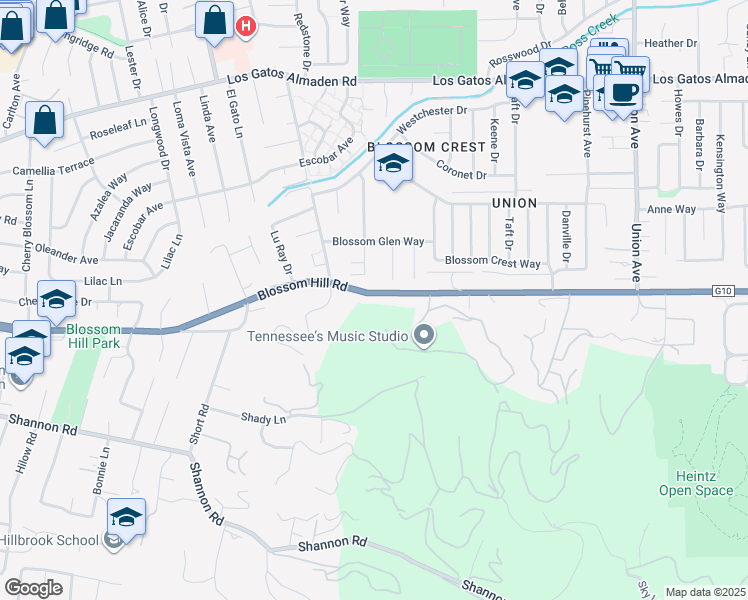 map of restaurants, bars, coffee shops, grocery stores, and more near 15560 Blossom Hill Road in Los Gatos