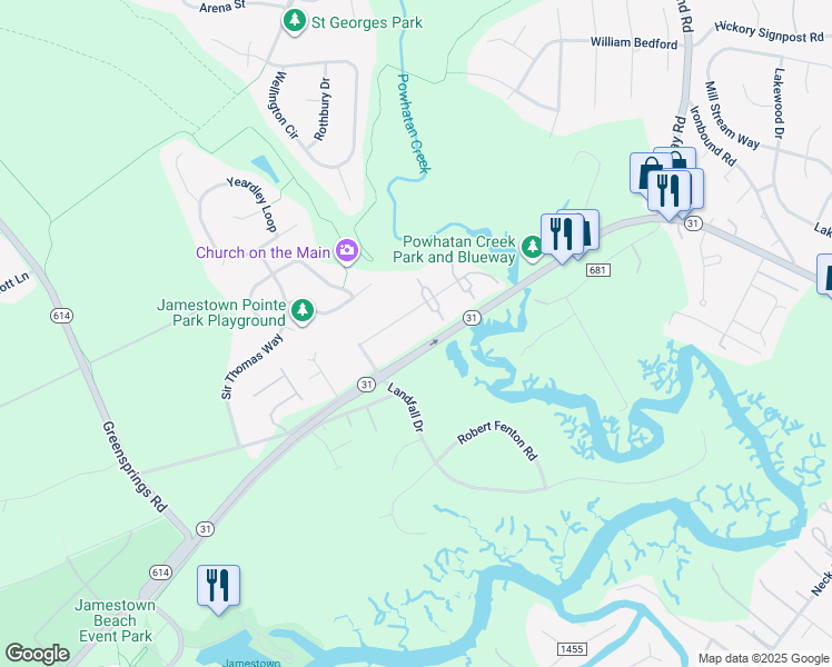 map of restaurants, bars, coffee shops, grocery stores, and more near 1604 London Company Way in Williamsburg