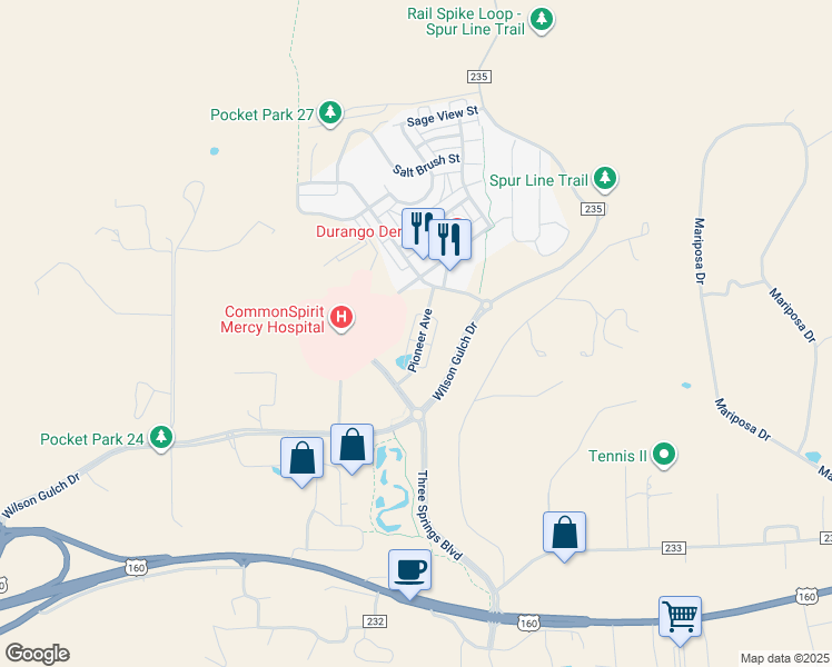 map of restaurants, bars, coffee shops, grocery stores, and more near 176 Pioneer Avenue in Durango