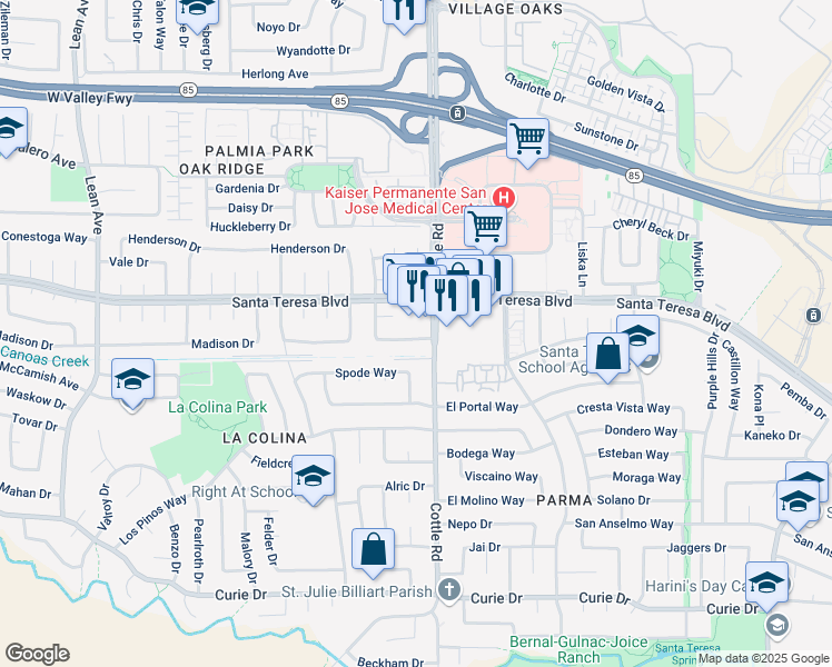map of restaurants, bars, coffee shops, grocery stores, and more near 339 Nature Drive in San Jose
