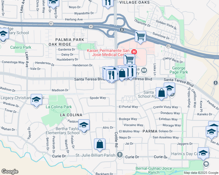 map of restaurants, bars, coffee shops, grocery stores, and more near 339 Nature Drive in San Jose