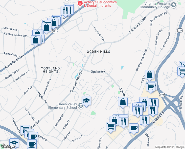 map of restaurants, bars, coffee shops, grocery stores, and more near 3502 Ogden Road in Cave Spring