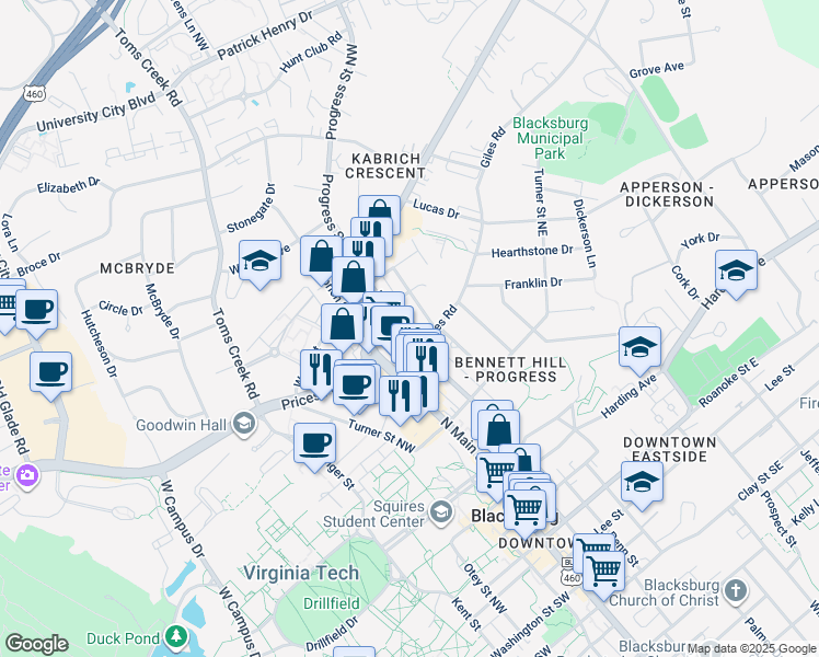 map of restaurants, bars, coffee shops, grocery stores, and more near 706 Progress Street Northeast in Blacksburg