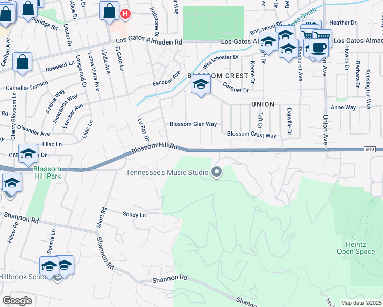 map of restaurants, bars, coffee shops, grocery stores, and more near 15560 Blossom Hill Road in Los Gatos