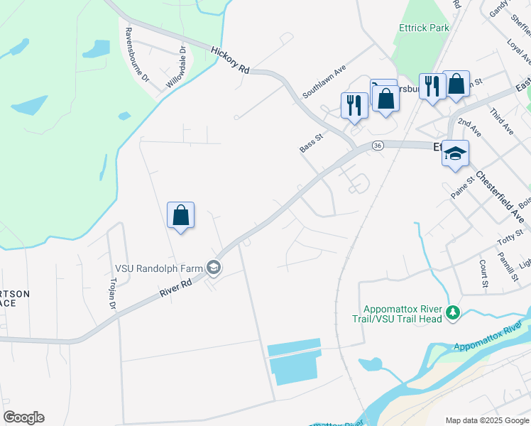 map of restaurants, bars, coffee shops, grocery stores, and more near 4220 River Road in Petersburg