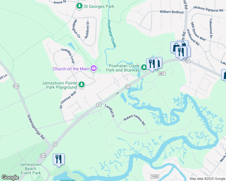 map of restaurants, bars, coffee shops, grocery stores, and more near 1604 London Company Way in Williamsburg