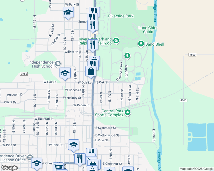 map of restaurants, bars, coffee shops, grocery stores, and more near 1237 North 5th Street in Independence
