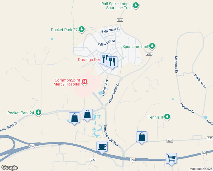 map of restaurants, bars, coffee shops, grocery stores, and more near 176 East Pioneer Drive in Durango