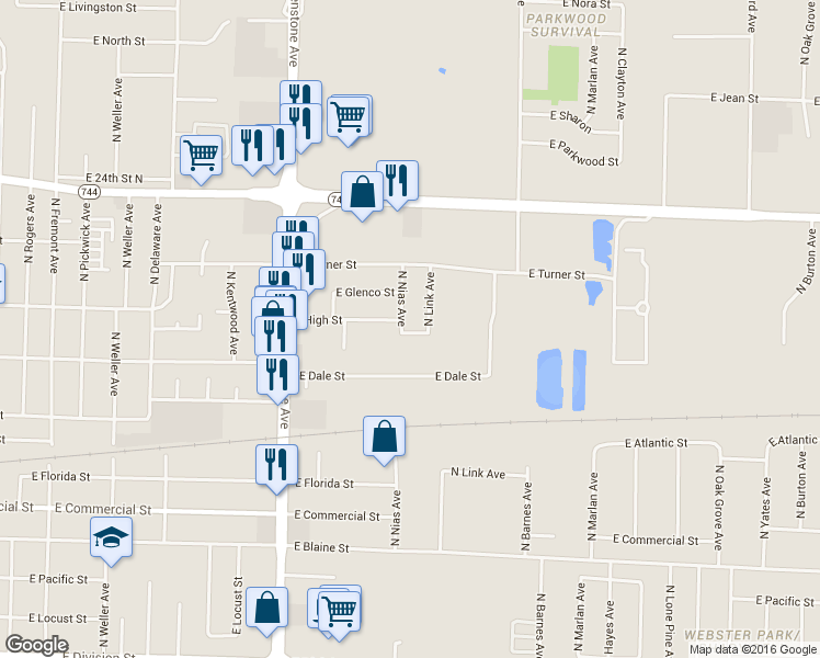map of restaurants, bars, coffee shops, grocery stores, and more near 2154 North Nias Avenue in Springfield