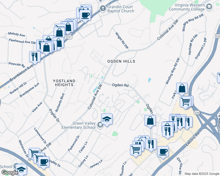map of restaurants, bars, coffee shops, grocery stores, and more near 3502 Ogden Road in Roanoke