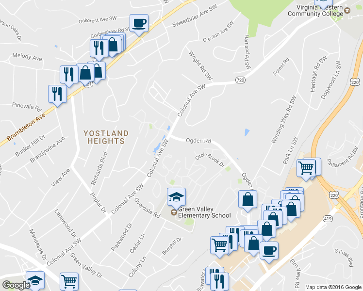 map of restaurants, bars, coffee shops, grocery stores, and more near 3502 Ogden Road in Roanoke