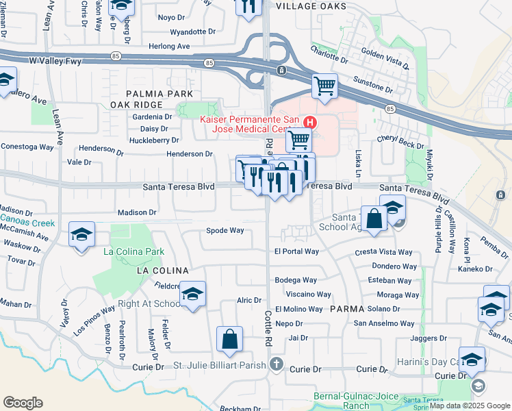map of restaurants, bars, coffee shops, grocery stores, and more near 339 Nature Drive in San Jose