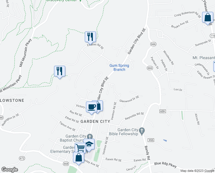 map of restaurants, bars, coffee shops, grocery stores, and more near 3109 Glenoak Street Southeast in Roanoke