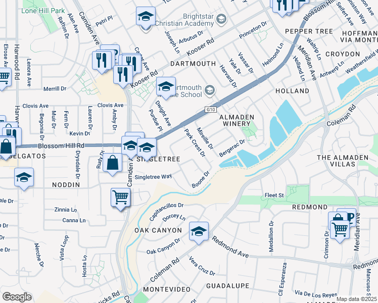 map of restaurants, bars, coffee shops, grocery stores, and more near 1564 Park Crest Court in San Jose