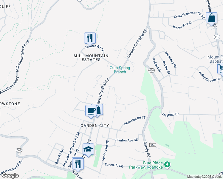 map of restaurants, bars, coffee shops, grocery stores, and more near 3108 Hartman Lane in Roanoke