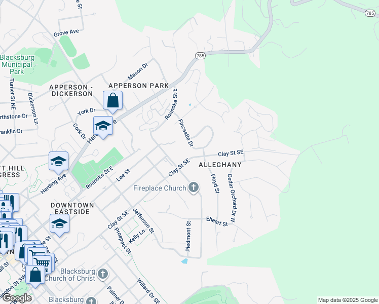 map of restaurants, bars, coffee shops, grocery stores, and more near 304 Fincastle Drive in Blacksburg