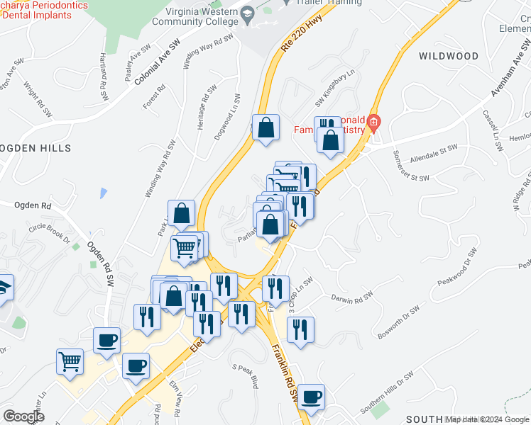 map of restaurants, bars, coffee shops, grocery stores, and more near Parliament Road Southwest in Roanoke