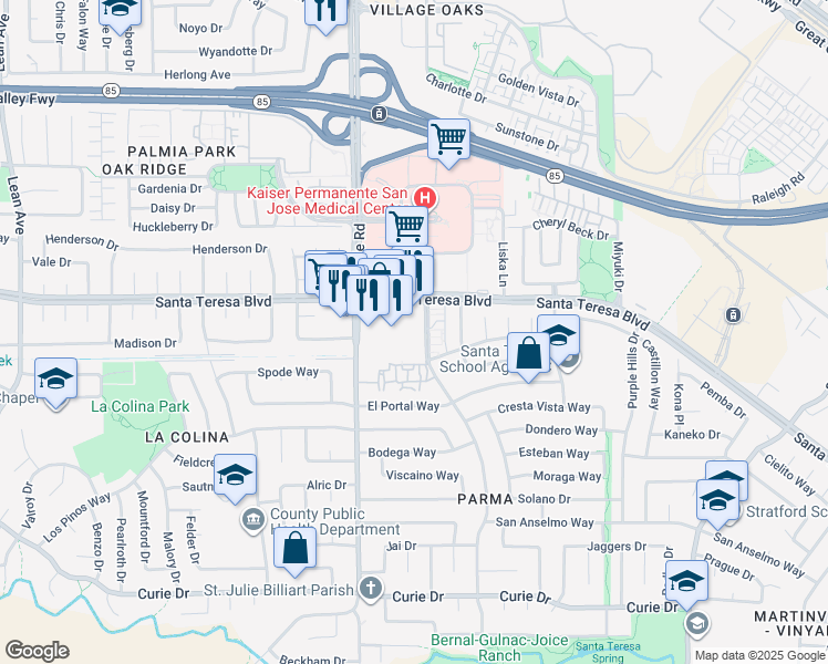 map of restaurants, bars, coffee shops, grocery stores, and more near 6133 Camino Verde Drive in San Jose
