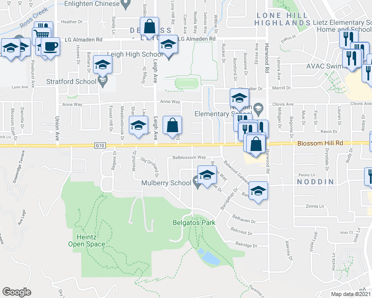 map of restaurants, bars, coffee shops, grocery stores, and more near 14450 Blossom Hill Road in Los Gatos