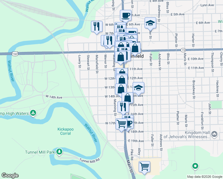 map of restaurants, bars, coffee shops, grocery stores, and more near 211 West 13th Avenue in Winfield