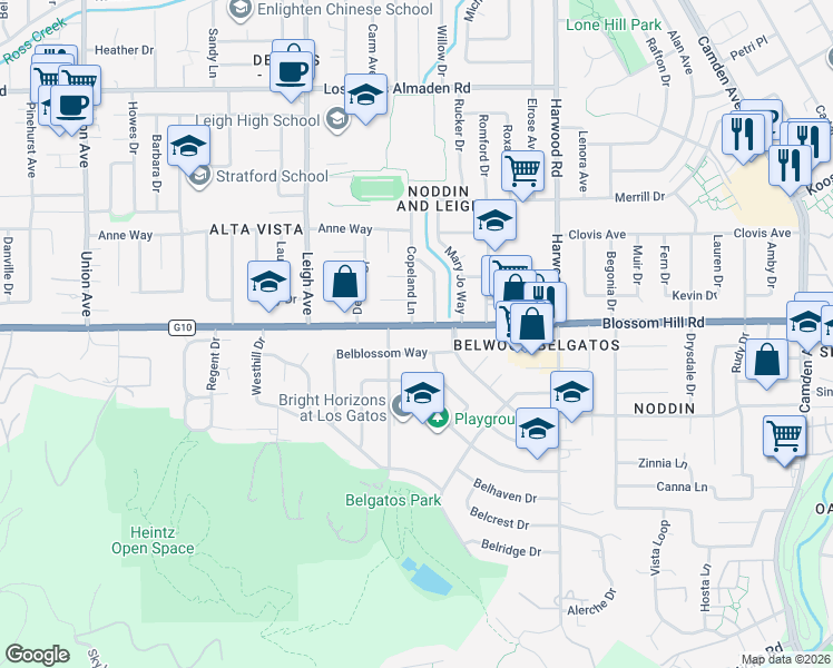 map of restaurants, bars, coffee shops, grocery stores, and more near 14400 Blossom Hill Road in Los Gatos