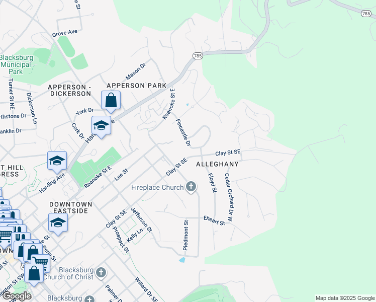 map of restaurants, bars, coffee shops, grocery stores, and more near 304 Fincastle Drive in Blacksburg