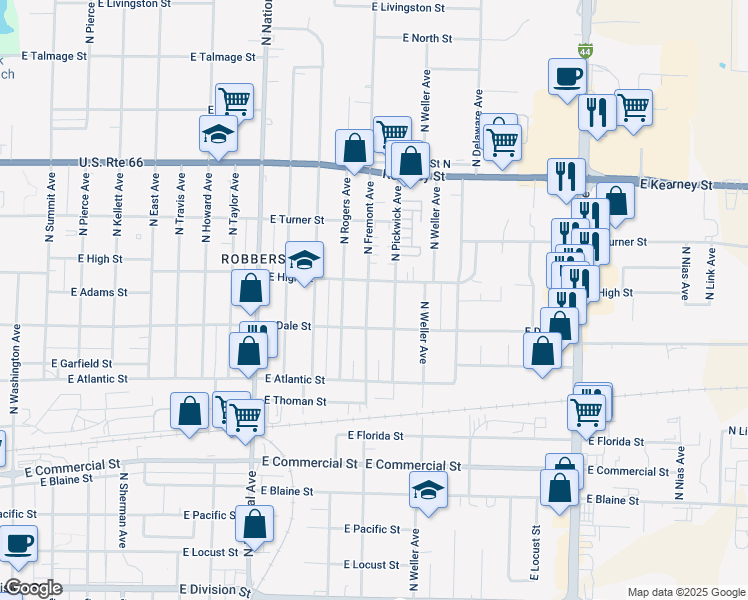 map of restaurants, bars, coffee shops, grocery stores, and more near 2132 North Fremont Avenue in Springfield