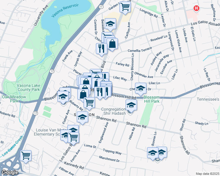 map of restaurants, bars, coffee shops, grocery stores, and more near 814 Cherrystone Drive in Los Gatos