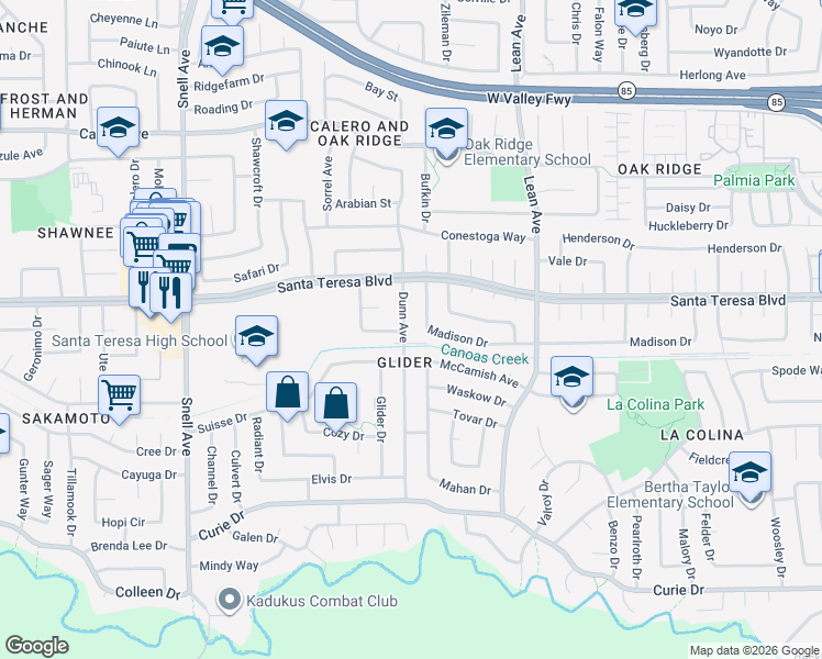 map of restaurants, bars, coffee shops, grocery stores, and more near 6136 Dunn Avenue in San Jose