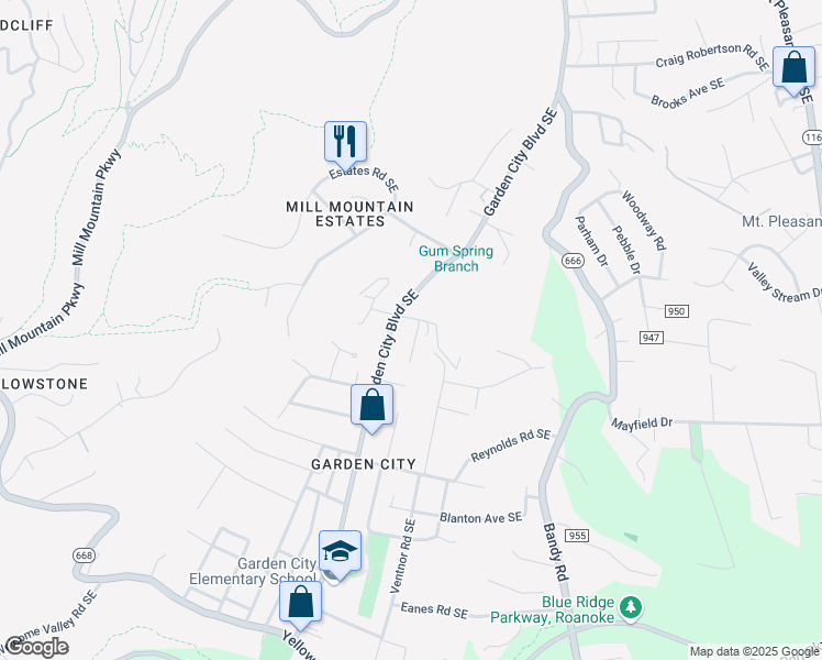 map of restaurants, bars, coffee shops, grocery stores, and more near 3107 Glenoak Street Southeast in Roanoke