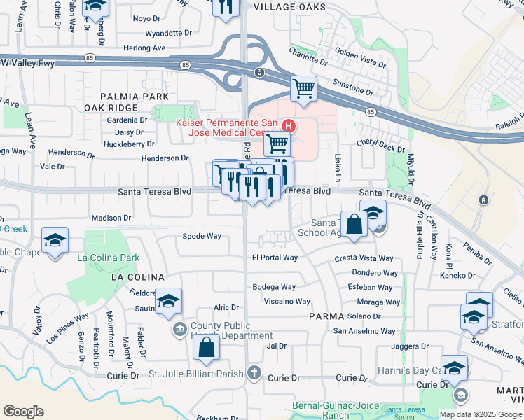 map of restaurants, bars, coffee shops, grocery stores, and more near 6215 Santa Teresa Boulevard in San Jose