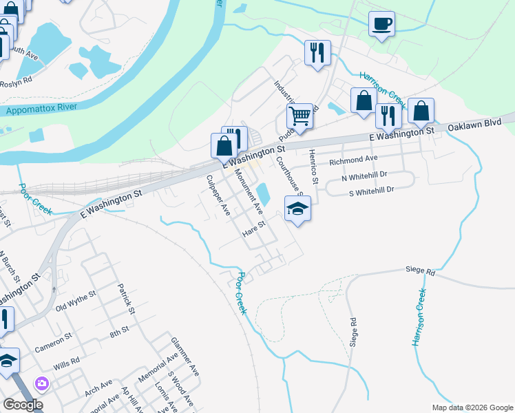 map of restaurants, bars, coffee shops, grocery stores, and more near 96 Monument Ave in Petersburg
