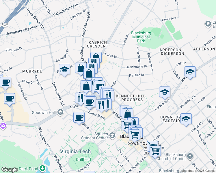 map of restaurants, bars, coffee shops, grocery stores, and more near 301 Giles Road in Blacksburg