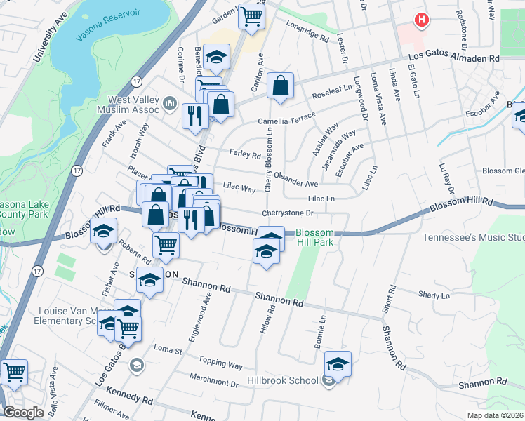 map of restaurants, bars, coffee shops, grocery stores, and more near 855 Cherrystone Drive in Los Gatos