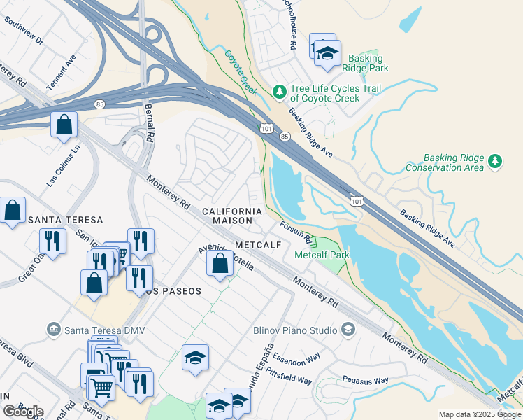 map of restaurants, bars, coffee shops, grocery stores, and more near 6966 Forsum Road in San Jose