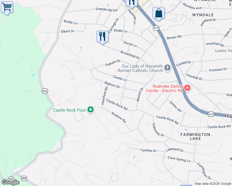 map of restaurants, bars, coffee shops, grocery stores, and more near 5821 Littlehorn Drive in Cave Spring
