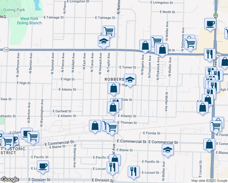 map of restaurants, bars, coffee shops, grocery stores, and more near 2116 North National Avenue in Springfield
