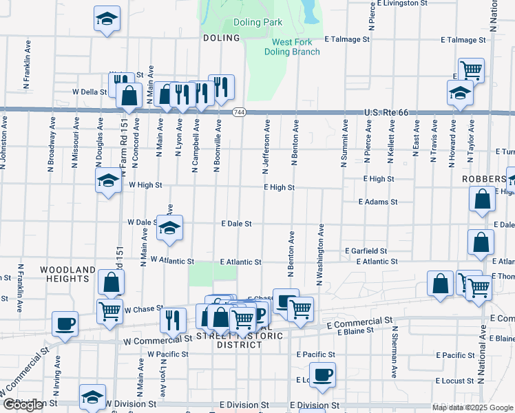 map of restaurants, bars, coffee shops, grocery stores, and more near 2127 North Jefferson Avenue in Springfield